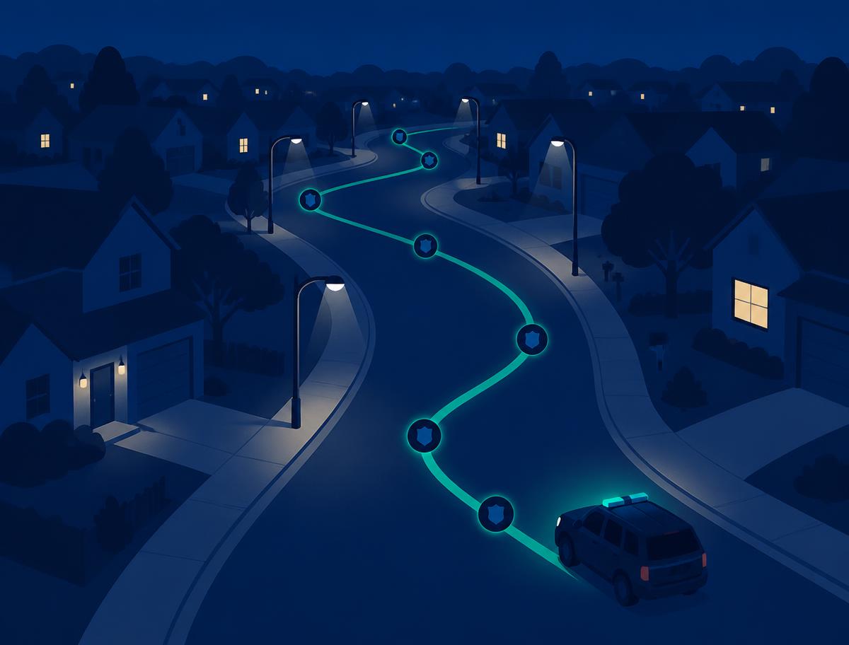 Night-time suburban street with a highlighted patrol route and shift markers