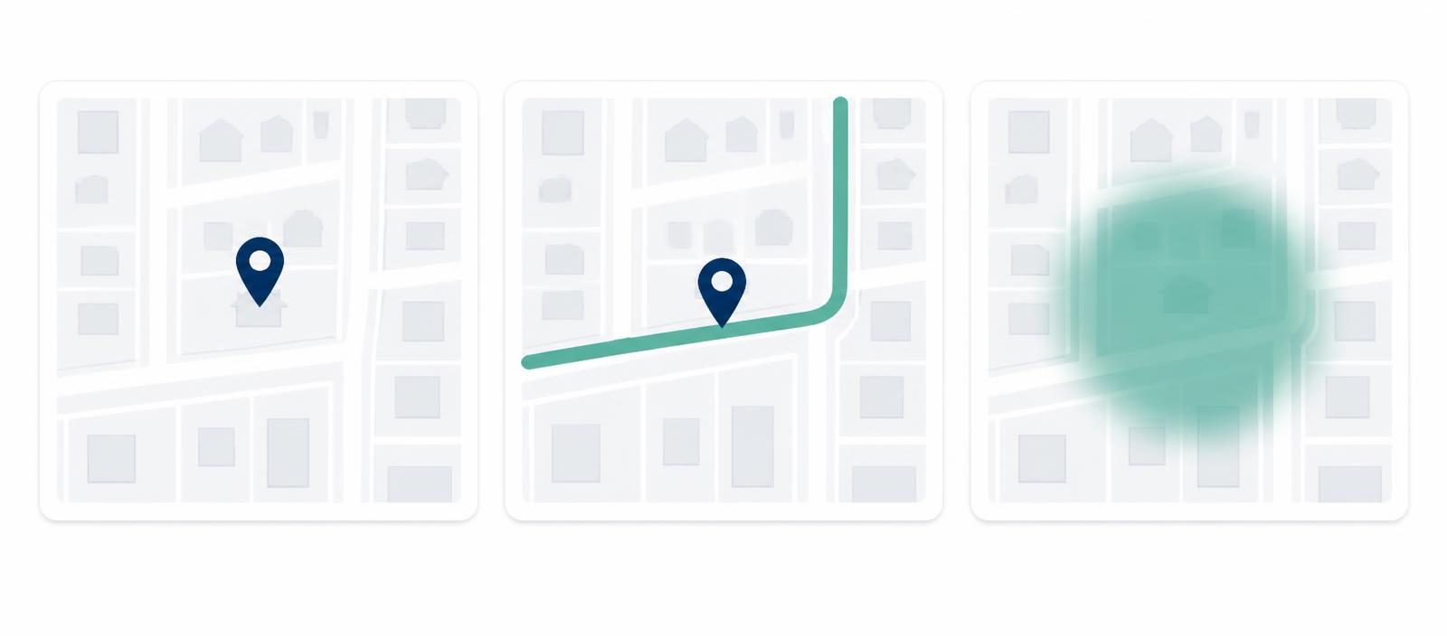 Three map cards showing the same incident at exact, street-level and approximate precision